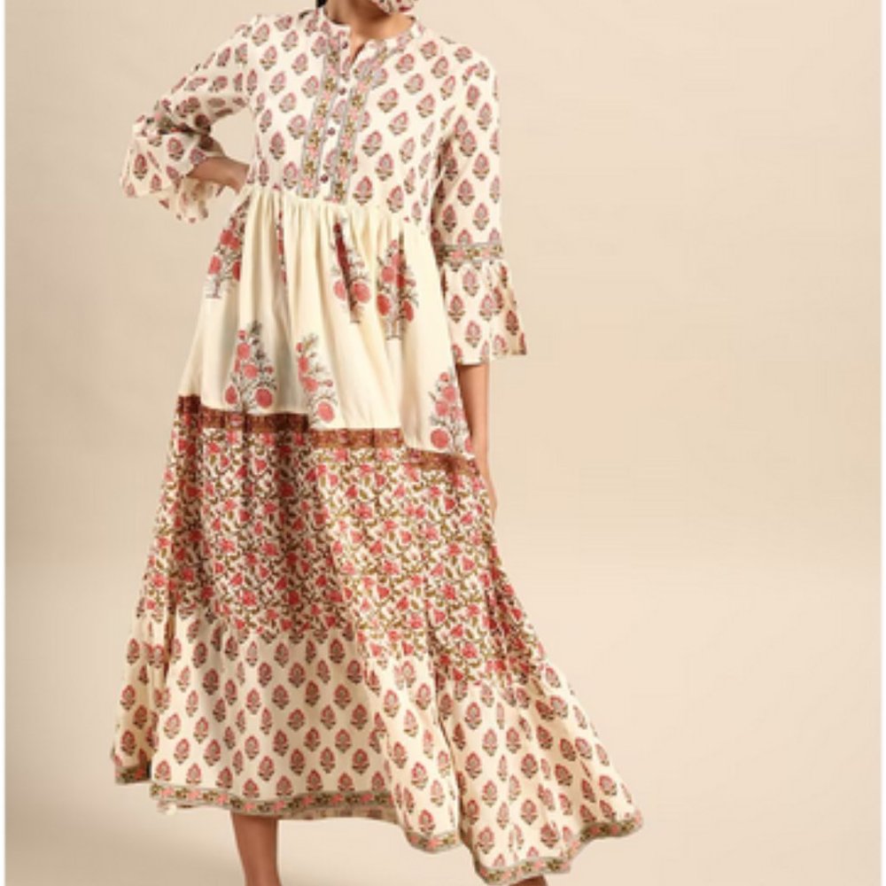Cream& Pink Printed Pure Cotton Maxi Dress